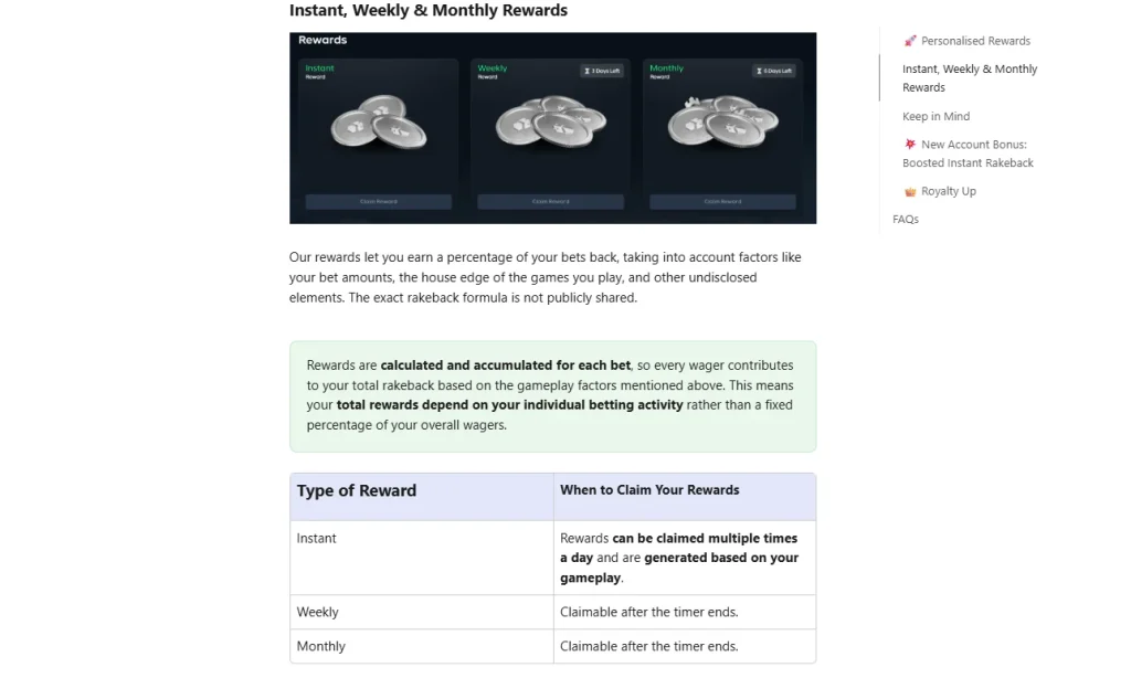 Current Gamdom Rewards page showing Instant, Weekly and Monthly Rewards and the boosted new-account reward area