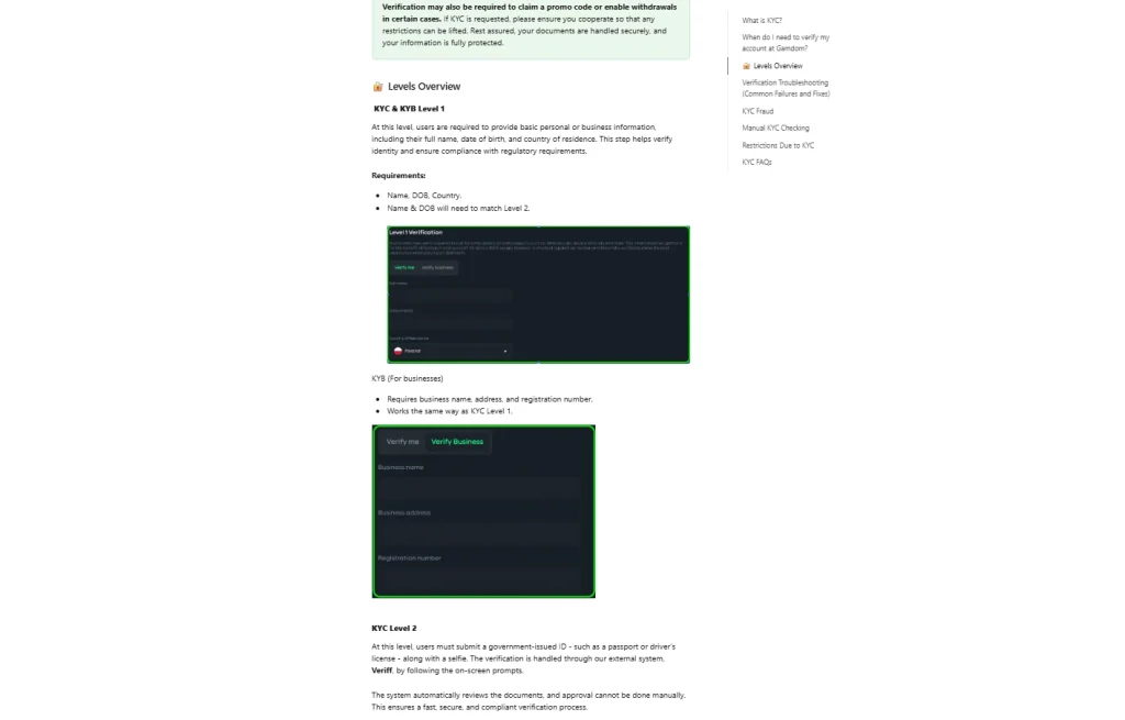 Gamdom official KYC Help Center page showing current verification levels and requirements