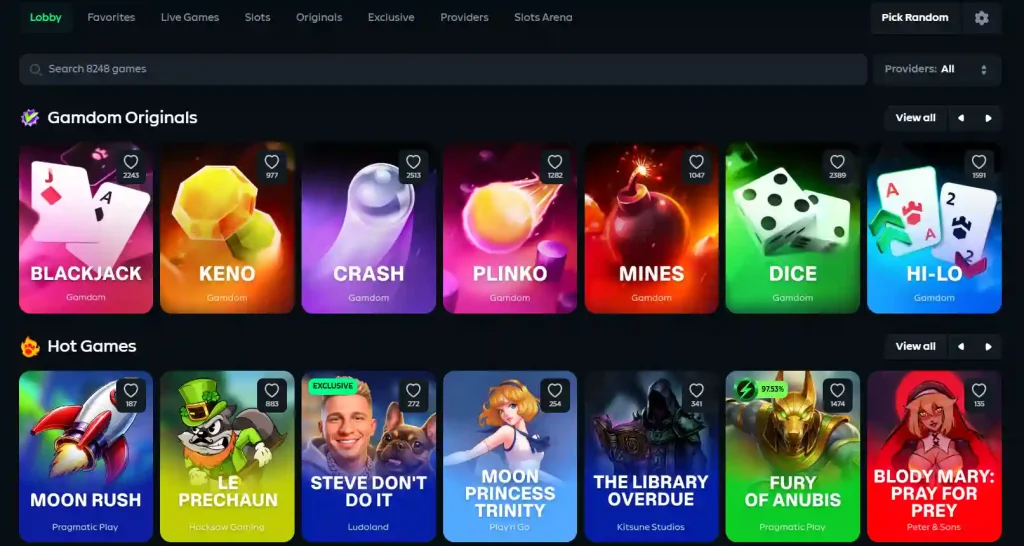 Current Gamdom casino lobby showing slots, live games, Originals and provider browsing options