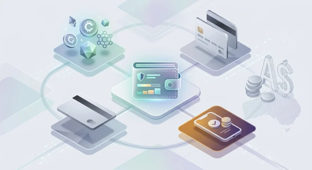 Editorial payment-method illustration showing cryptocurrency, bank card, mobile wallet and Australian dollar context without platform branding