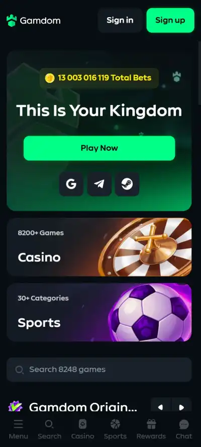 Current Gamdom website displayed in a mobile browser viewport on a smartphone-sized screen