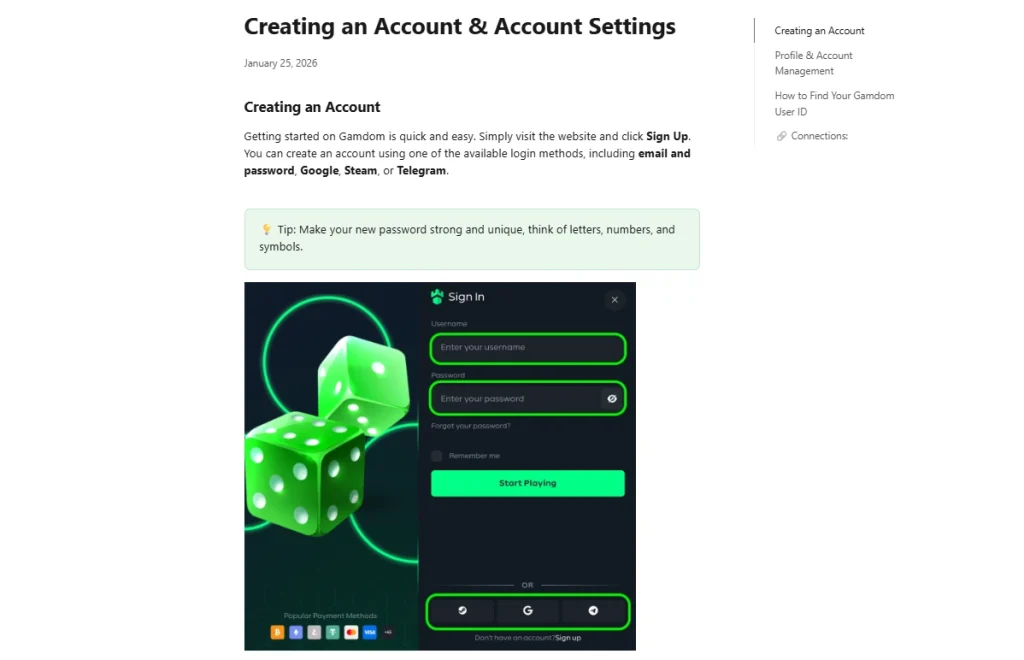 Gamdom official Help Center page describing account creation and account settings