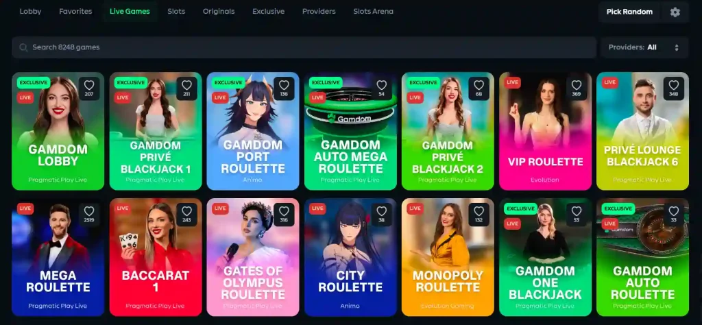 Current Gamdom live casino lobby showing live dealer game categories and real provider content
