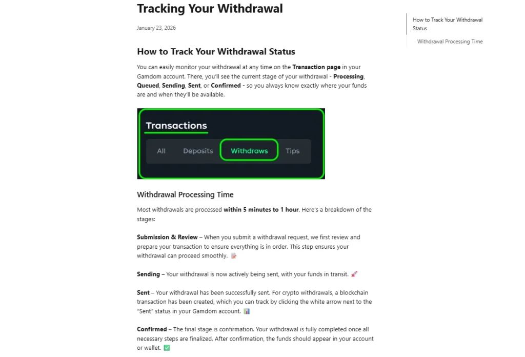 Gamdom withdrawal tracking help page showing Processing, Queued, Sending, Sent and Confirmed transaction stages