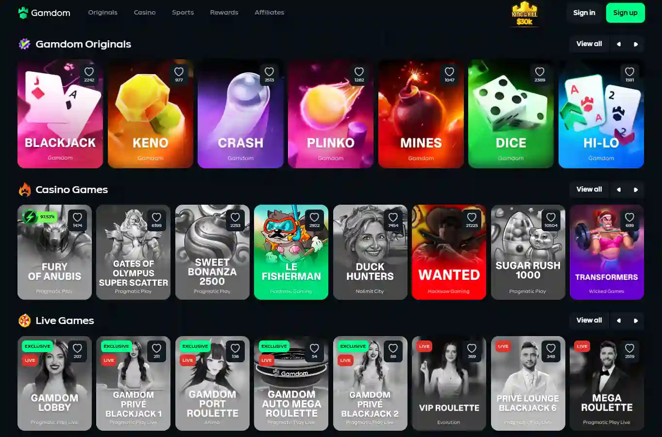 Current Gamdom casino interface showing the main lobby and navigation