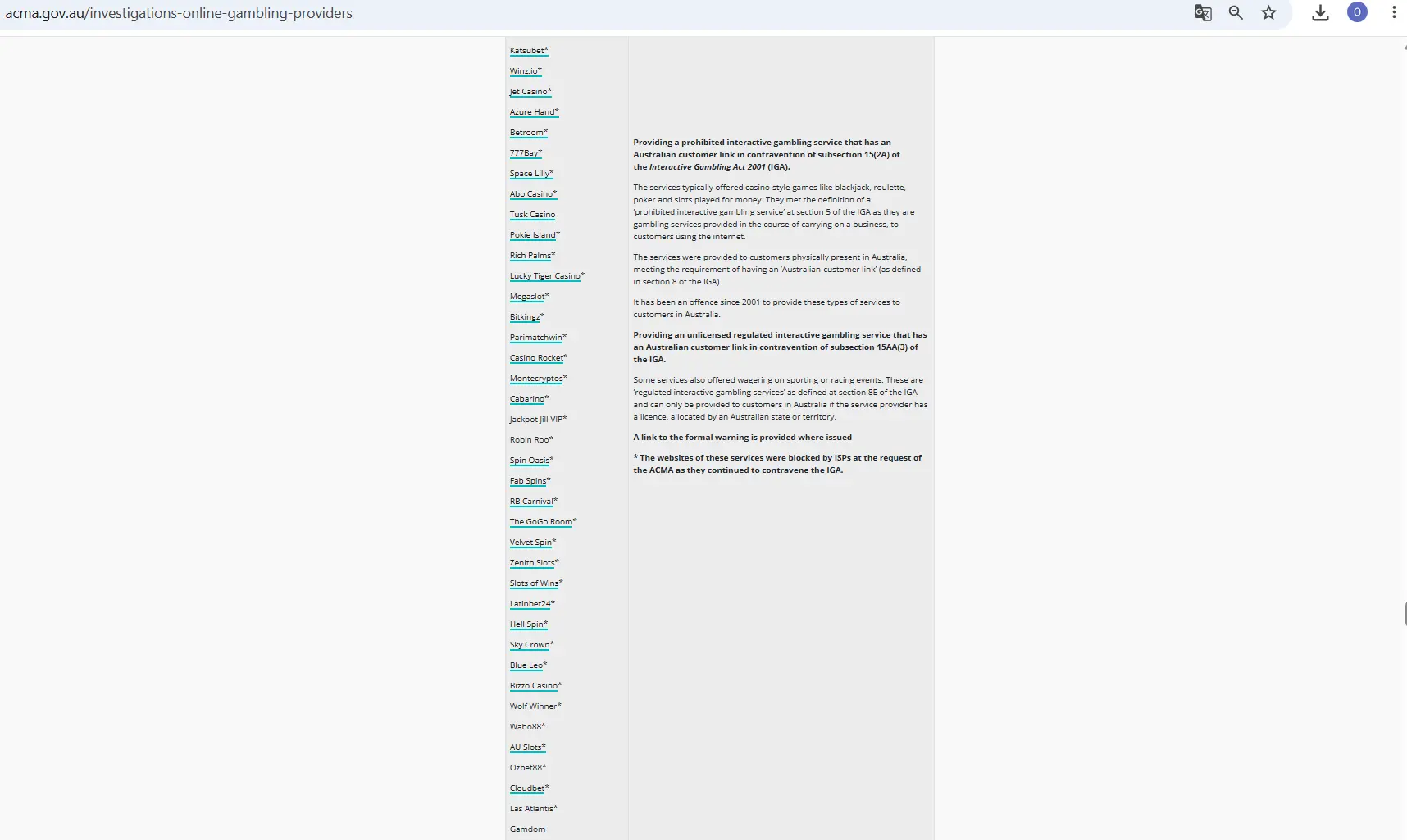 ACMA investigations page showing the Gamdom 2022 outcome